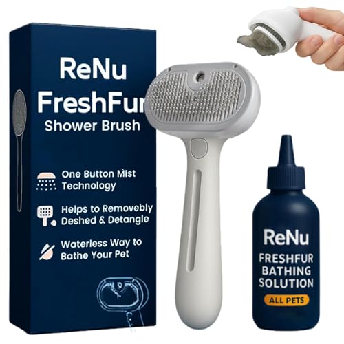Renu Dog Brush Renu FreshFur Dog Shower Brush + Bathing Solution 3 in 1 Self Cleaning Steamy Pet Brushes Dogs Grooming Tool for Long & Short Hair Removes Loose Hair Reduces Shedding (White)
