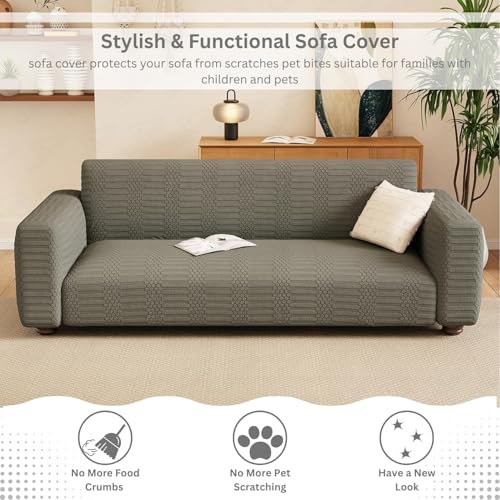 Image of Lukzer 2 Seater Pastel Dark Grey Dotted Stripe Pattern Sofa Cover | 240 GSM Universal Stretch Fit Jacquard Fabric Couch Protector | Fully Covered Anti Slip & Washable Sofa Cover (SC-133-02 /140-180cm)