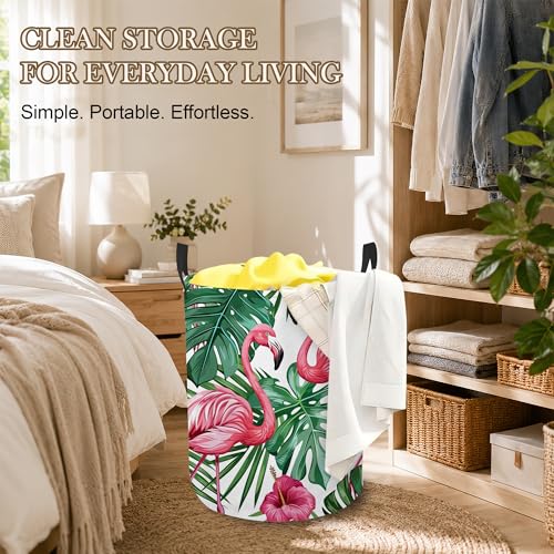 Image of Tropical Flamingo Laundry Basket, Palm Leaves Collapsible Laundry Hamper Waterproof Oxford Cloth With Handles, Clothes Storage Bucket For Bathroom /Bedroom 16 inch x 20.8 inch