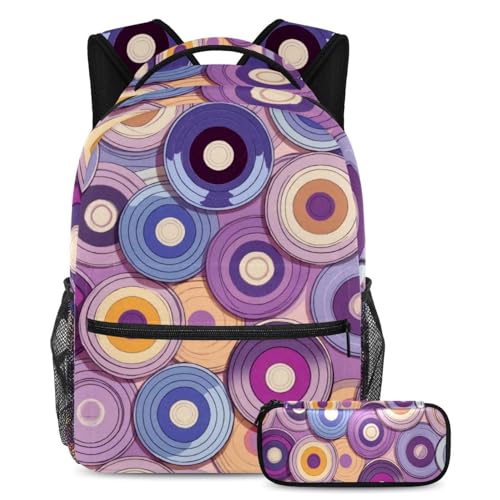 Sac à dos scolaire violet pour le collège et le lycée, pack avec trousse à crayons disques