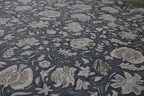 Image of Indian Hand-Block Printed Jaipuri Flower Print Floral Ethnic Sanganer Kurti Print Cotton Fabric (3 Yards, White Gray Flower)