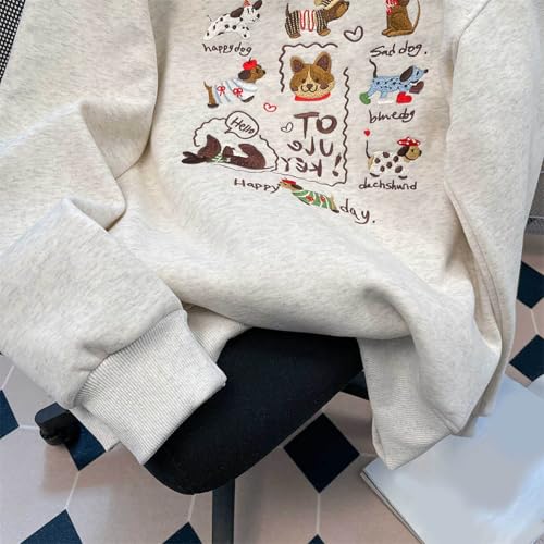 Generisch Damen Kapuzenpullover mit besticktem Hundemotiv bequemer Fleece Hoodie lässiger Oversize Schnitt Langarm für Winter Frühling Alltag (White, M)