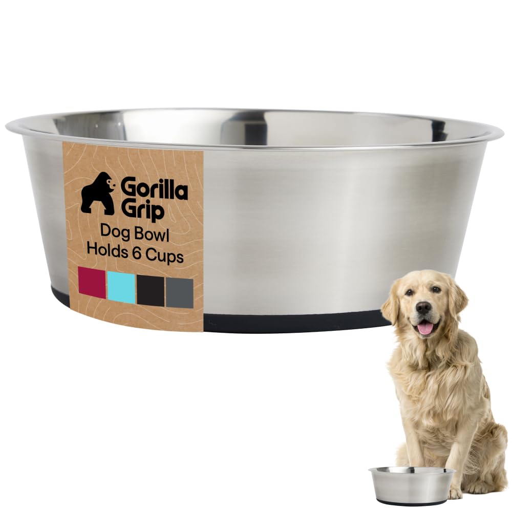 GORILLA GRIP Dog Bowl, Food Grade Stainless Steel Water Bowls, 6 Cup Black