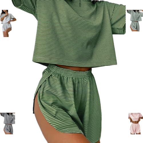 Split Short Pajama Set, Womens Striped Pajamas Set,Two Piece Set Striped Print Drop Shoulder Tee Wrap Split Shorts