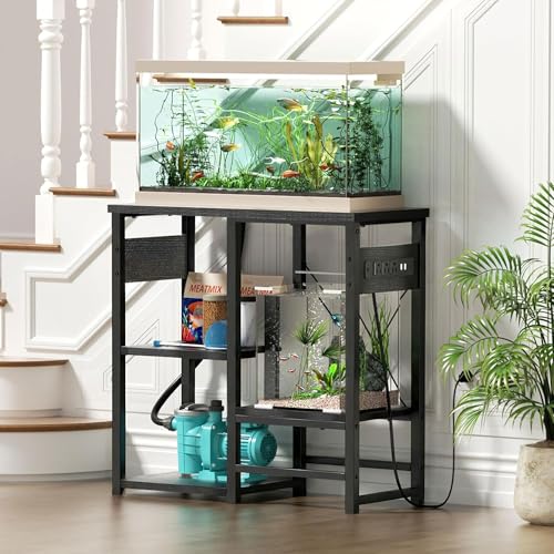 Image of GRLEAF 5-10 Gallon Fish Tank Stand with Power Outlets, 4 Tier Metal Aquarium Stand with Wood Storage Shelves, 20.3 inch L x 10.6 inch W x 30.3 inch H Turtle Reptile Fish Tank Table Aquarium Table - Black
