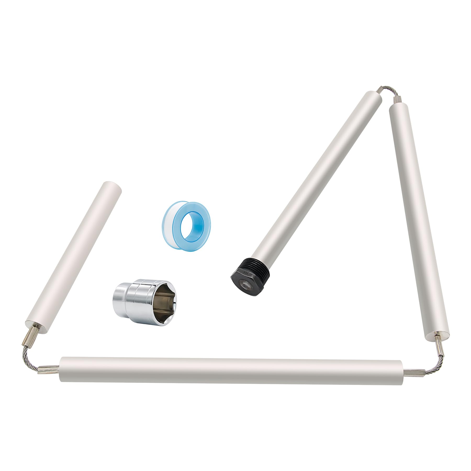 Varilla de ánodo de magnesio flexible de 44 mm para calentador de agua caliente. Reemplazo para calentador de agua GE Rheem Reliance Richmond Kenmore. Incluye 1 llave de tubo hexagonal de 1/16" y cinta de teflón.