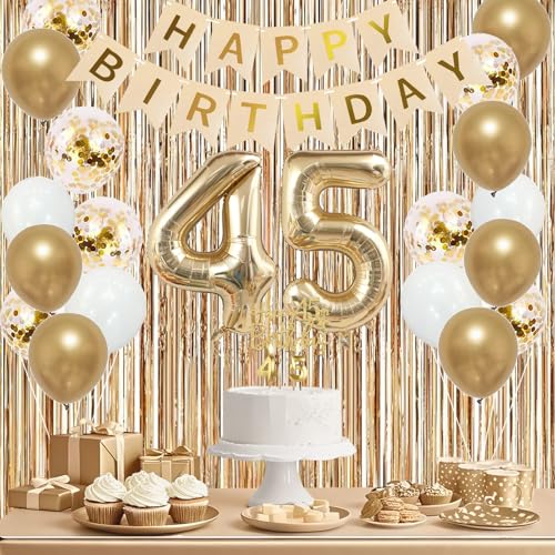 Image of Trgowaul 45th Birthday Decorations for Women, Banner, Sash and Crown, Cake Topper, 45 Number Balloon, Fringe Curtains, Champagne Gold 45th Birthday Party Supplies