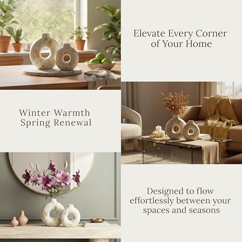 Modern Ceramic Donut Vase Set of 2 - Boho Design White and Gold Marble Pattern Vases for Flowers and Pampas - Elegant Home Decor Centerpieces for Coffee Tables - Entryways - Dining and Living Rooms - Image 5