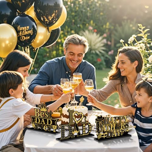 Fathers Day Table Decorations Happy Father's Day Wooden Sign Black Gold Father's Day Party Centerpieces Best Dad Ever Wood Tiered Tray Decor for Father's Gift Party Decor - Image 3