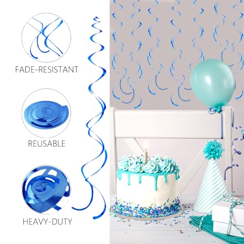 Image of Royal Blue Hanging Swirls Party Decorations 30 Pack- Extra Long Double Swirl Ceiling Decorations for Birthday, Baby Shower, Christmas, Wedding | Reusable Blue Party Streamers with Hooks