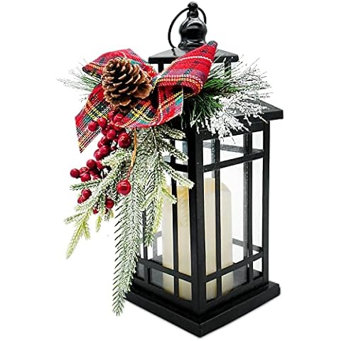 Christmas Decorative Lantern w/LED Flickering Flameless Candle - 14 Inch, Antiqued Vintage Lantern with Xmas Ornament for Outside Indoor Table Holiday Party Decoration Cover