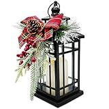 Christmas Decorative Lantern w/LED Flickering Flameless Candle - 14 Inch, Antiqued Vintage Lantern with Xmas Ornament for Outside Indoor Table Holiday Party Decoration