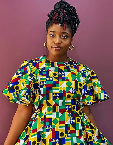 Image of Womens African Vintage Ruffle Trim Sleeve Ankara Tunic Swing Dress