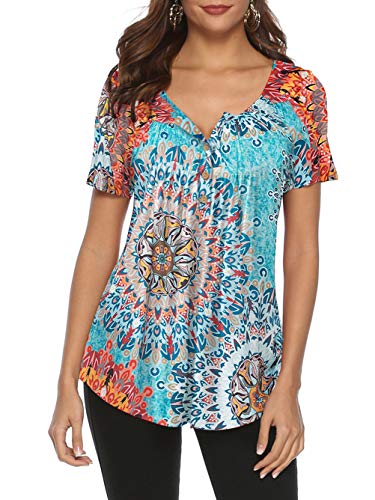 Famulily Floral Blouse, Ladies Henley V Neck Short Sleeve Casual Paisley Print Pattern Loose Fit Womens T Shirts Top Multi Medium #TOP22