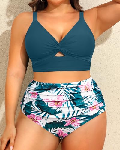 Image of Daci Plus Size Two Piece Swimsuits - Women High Waisted Bikini Tummy Control Bathing Suits Knot Twist Swimwear 2025