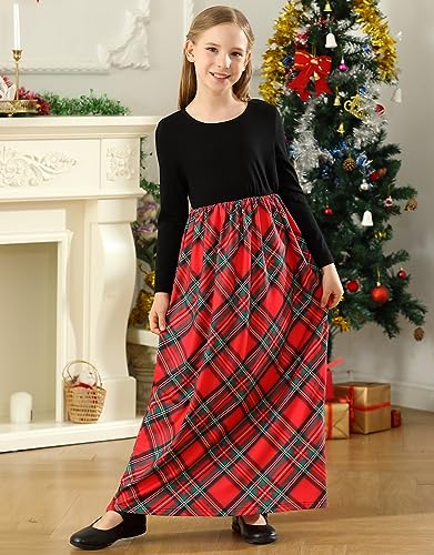 KYMIDY Girls Maxi Dress Kids Buffalo Check Plaid Long Sleeve Casual Dresses with Pockets for Girls 6-14 Years4