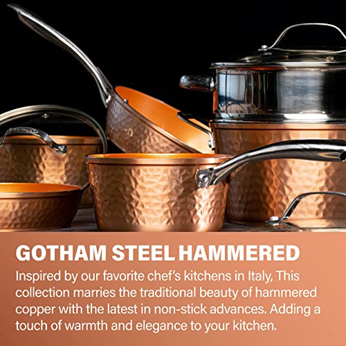 Gotham Steel Hammered 15 Pc Ceramic Cookware Set Nonstick, Deep Copper Pots and Pans Set Non Stick with Bakeware & Deep Fry Pan, Non Toxic PFOA PFOS Free, Induction Oven and Dishwasher Safe