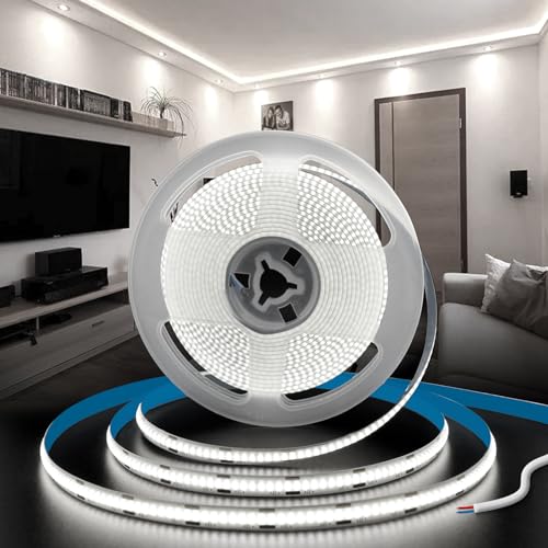 SUCIKORIO COB LED Strip Light Without Plug 24V 5m Cool White 6000K LED Strip Lights for Bedroom Adhesive TV Led Lights Backlight Flexible Cuttable COB Led Light Strips 8mm 320LEDs/m Super Bright