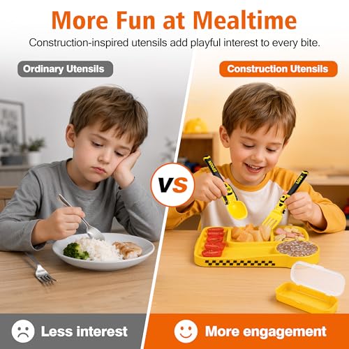 Image of Deinyi Construction Toddler Utensils, Reusable Plastic Toddler Fork and Spoon with Storage Case, Kids Utensils for 1 2 3 4 5 6 7 Year Old, Halloween Christmas Birthday Gifts, Yellow