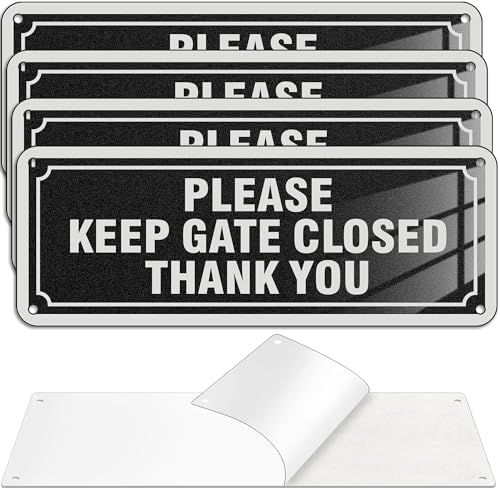 4 Pack Aluminum Please Keep Gate Closed Sign 8 x 3 Self-Adhesive Pre Drilled Holes Aluminum Metal Warning Sign for Office Home Door Weatherproof Scratch Indoor/Outdoor Use