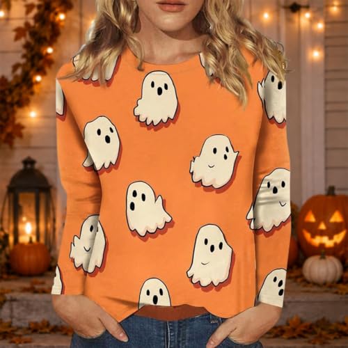 Womens Halloween Shirts Cute Ghost Graphic T Shirt Crewneck Spooky Season Long Sleeve Fall Casual Tees Holiday Top - image 2