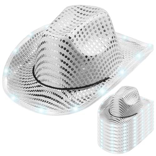 Chapeau de Cowboy Lumineux Paillettes Disco Argenté Jeu Rôle Cowgirl