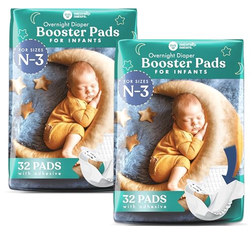 Image of Naturally Nature Diaper Booster Pads Stop Nighttime Leaks, Adhesive Liners for Baby Overnight Diapers - Size N-3 Boys, 64-Pack - Disposable Diaper Pads for Infants