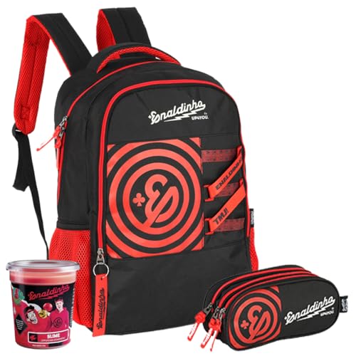 Kit Mochila Youtuber Influencer Enaldinho Costas com alças modelo MS49451UP E Estojo Triplo Escolar Juvenil vermelha com slime