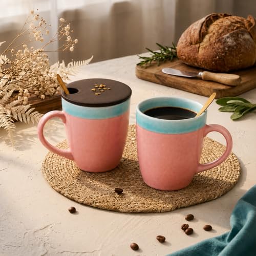 Image of The Earth Store Pink Green Flow Coffee Mug with Lid and Spoon Set of 2 | 340ML Ceramic Coffee Mugs Set of 2 | Resin Art Wooden Lid & Golden Spoon | Premium Coffee Mugs for Gift