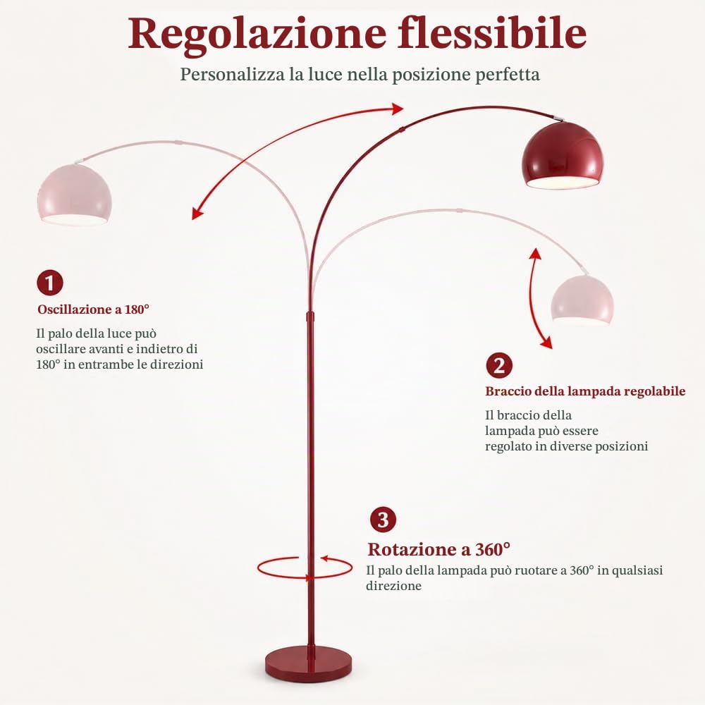 Lampada da terra moderna ad arco rosso, lampada da terra con braccio ad arco regolabile in altezza, luce da terra regolabile con dimmer a 3 colori e interruttore a pulsante, lampada da terra