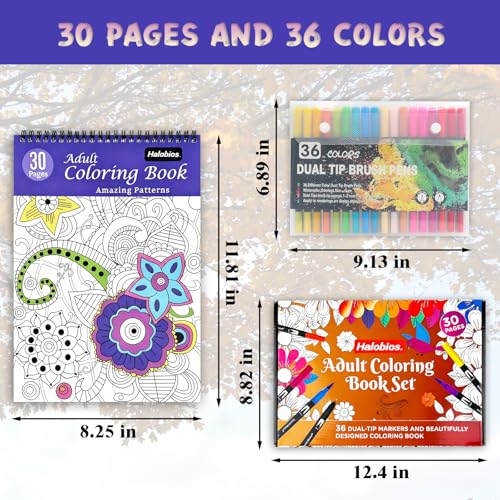 joibabe Adult Colouring Book,Colouring Books for Adults with 36 Felt Tip Pens Spiral Bound Book for Relaxation, Anxiety Stress Relief Gifts for Women Mandala Animal & Flower Patterns