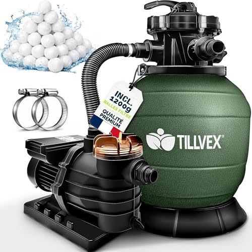 tillvex® Système de Filtre à Sable 13 200L/h jusqu'à 40 000L + 1200g Boules Filtre | 7 Fonctions de Filtration & Adaptateur 2en1 Ø32-38mm | Filtre piscine...