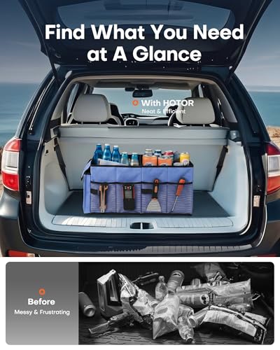 Image of HOTOR Trunk Organizer for Car - Car Organizer, Foldable Trunk organizer for SUVs & Sedans, Sturdy Organization for Car Accessories, Tools, Sundries, Blue, 2 Compartments, 21.3 inchx12.6 inchx10.6 inch | Foldable, Sturdy Organization, for Car Accessories, Tools, Sundries, US11032