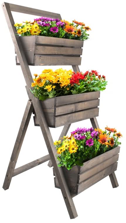 KOTARBAU® Escalera de madera para plantas, Estantería de 3 jardineras, Huerto vertical, Jardinera vertical, Huerto urbano, Maceteros de madera, Gris, Estantería para plantas, Cama elevada de jardín