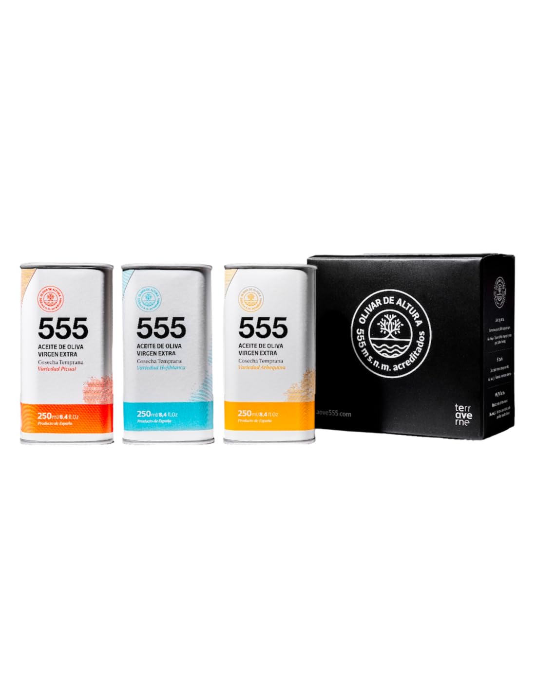 Terraverne 555 | Huile d'olive extra vierge Coffret 3 canettes Arbequina + Hojiblanca + Picual 250 ml