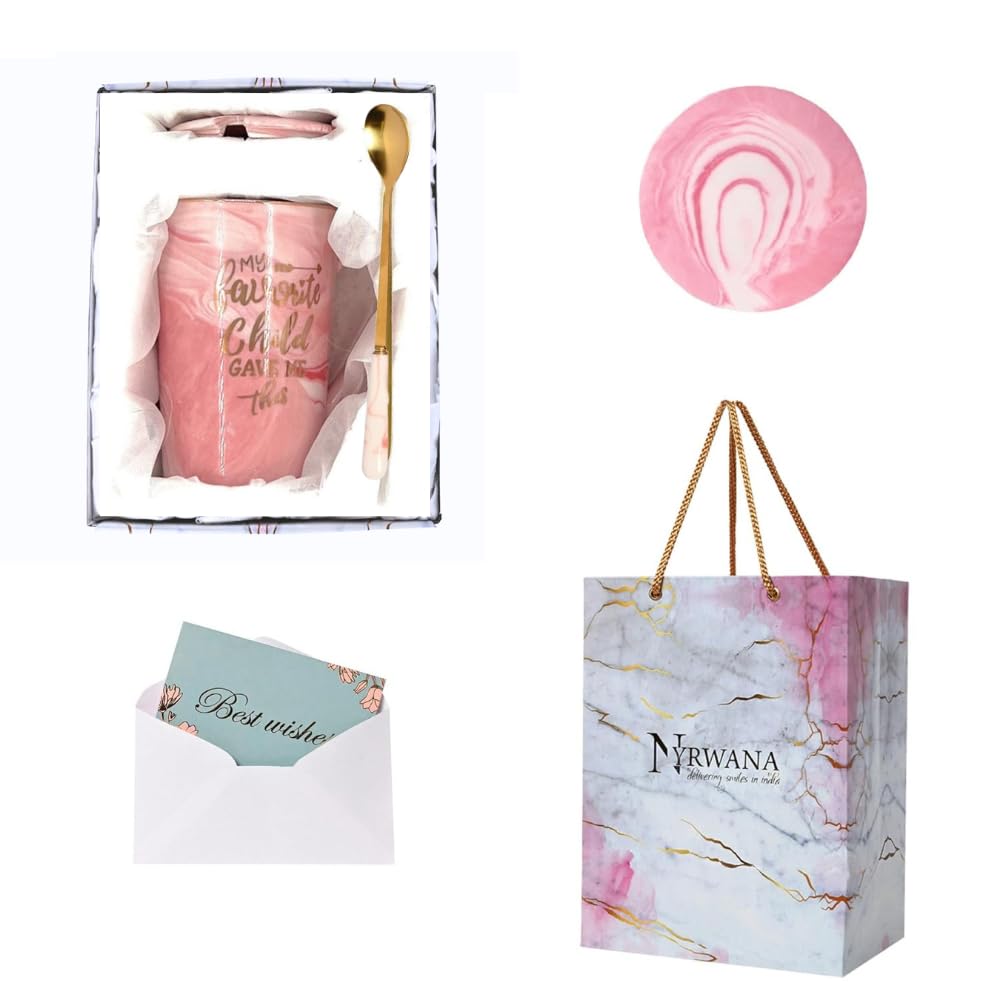 NYRWANA Coffee Mug, Gift for Woman, Mugs for Present, Present Items for Women, Ceramic Mug, Present for Marriage Couple, Cups and Mugs, Cute Mugs with Spoon, Box & Bag (400ml-Pink)
