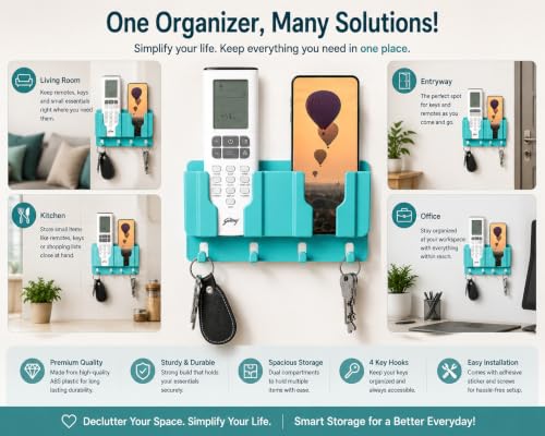 Image of CERLINK Wall Mounted Mobile Holder for Phone & TV Remote | ABS Storage Organizer with 2 Compartments, 2 Key Hooks and Strong Self-Adhesive No-Drill Installation (Black)