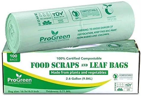 ProGreen 100% Compostable Bags 2.6 Gallon, Extra Thick 0.71 Mil, 100 Count, Small Kitchen Trash Bags, Food Scraps Yard Waste Bags, Biodegradable ASTM D6400 BPI and VINCOTTE Certified.