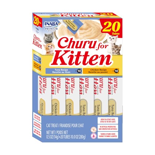 INABA Churu for Kittens Lickable Squeezable Creamy Pure Cat Treat with Green Tea Extract & Taurine 0.5oz. Each Tube 20 Tubes Tuna & Chicken Variety