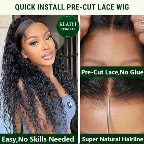 Image of KLAIYI Bye Bye Knots Glueless Wig Pre Cut Water Wave HD Lace Front Wigs Human Hair Pre Bleached Pre Plucked Ready to Go Wigs for Women 30S Easy to Wear Put On and Go Curly Wig Beginner Friendly 14Inch