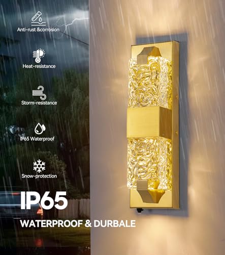 Image of 15.3 inch Dusk to Dawn Outdoor Wall Light 12W LED Gold 1-Pack | IP65 Waterproof, Ripple Crystal, Hardwired Modern Exterior Sconce, Auto On /Off, for Porch Patio Hallway Entryway House