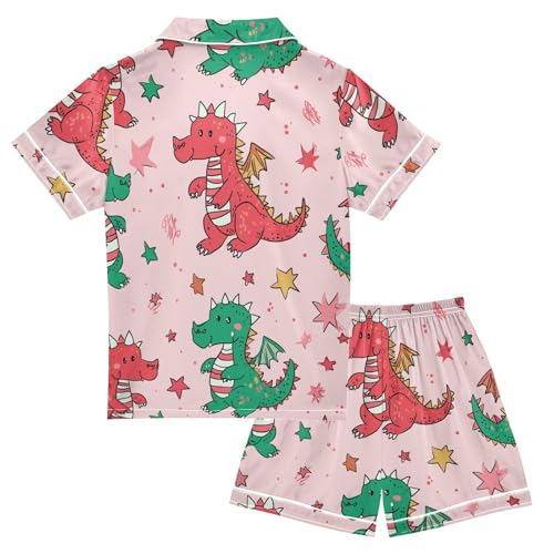 Satin Pajama Sets Short Sleeve Cute Dragons on Pink Button Down Silky Nightwear 2 Piece PJS 5-14Y2