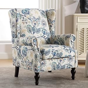 Accent chair for living room wingback floral accent chair with arms fabric printed armchair with nailhead trim and vintage legs comfy single sofa side reading chair for bedroom blue  urban country home decor