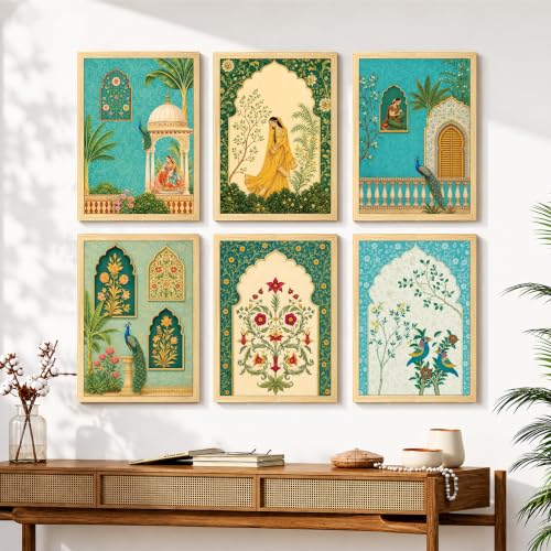 Image of PAINTINGMANTRA Madhubani Wall Paintings for living room, Mughal Queen Floral Madhubani Wall Art Painting with frame for Home wall Decoration, Office, Set of 6, 13x18 Inch