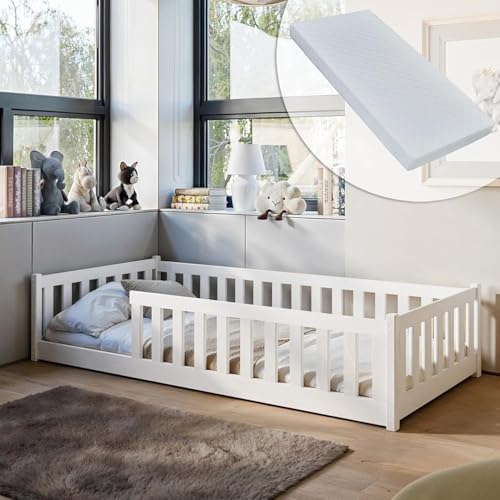 Lit d'Enfant au Sol 90x190 cm Avec Matelas, Protection Contre les Chutes & Sommier à Lattes Montessori - Lit à Barreaux Pour Enfants et Adolescents - Set Complet Blanc...