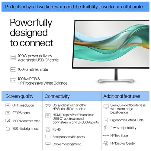 Image of HP Series 5 Pro 27 inch QHD USB-C Monitor - 527pu, W129095477 (USB-C Monitor - 527pu)
