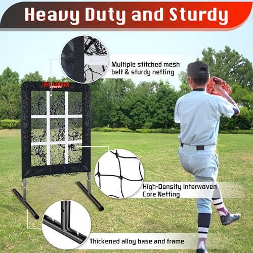 Image of 9 Hole Pitching Net with Strike Zone, Baseball Softball Pitching Target - Adjustable Height Portable Indoor Outdoor Training Equipment for Pitchers of All Levels, Coaches, and Players