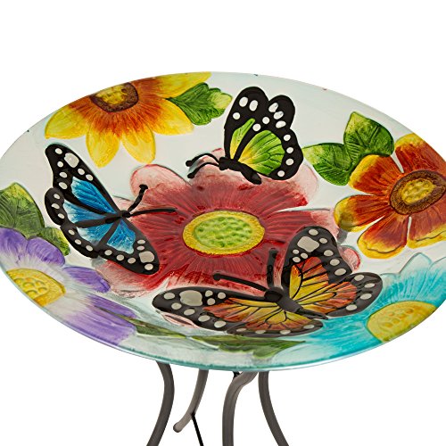 Glitzhome 24" H Glass Bird Bath Bowl Fused Butterfly Garden Flower