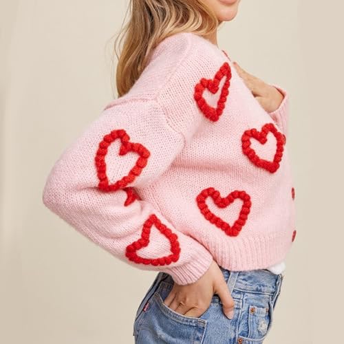 Image of Valentine's Day Cardigan Sweaters for Women Love Heart Print Button Down Cropped Cardigans Y2K Open Front Knit Sweater