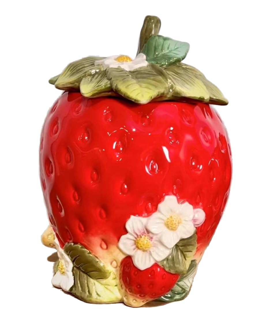 Ceramic Strawberry Shaped Cookie Jar with Floral Design, 7.8"-H-(Middle)
